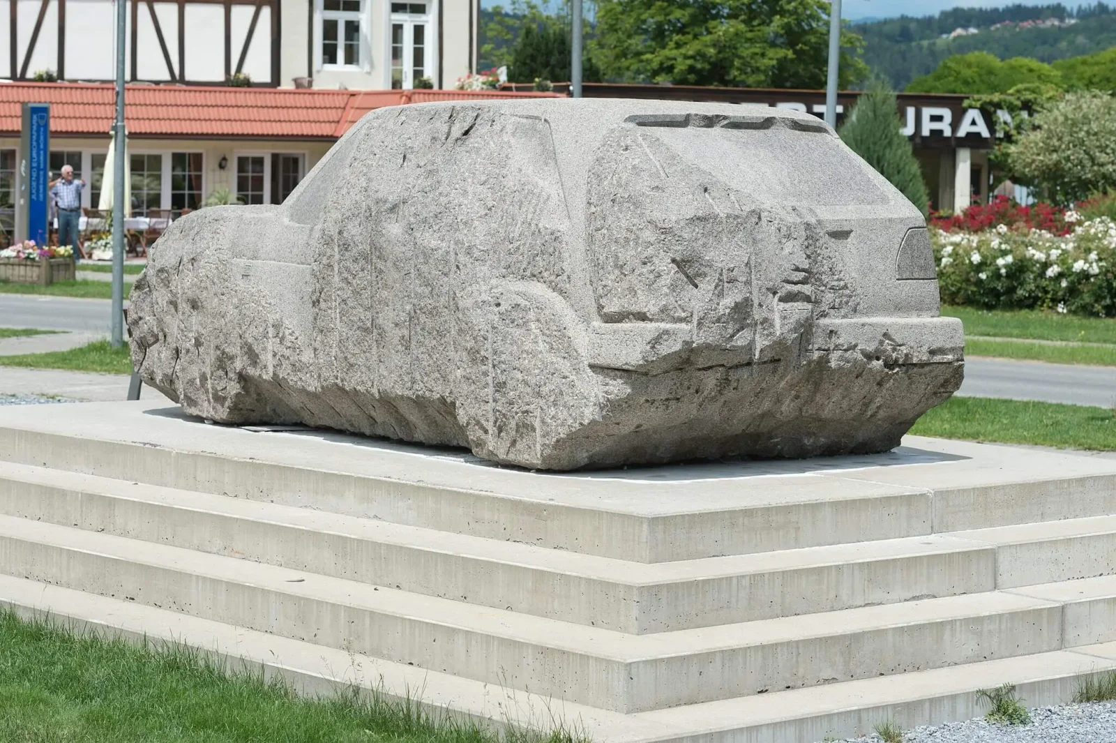 A VW GOLF GTI carved out of granit stone built in 1987 as a tribute to VW fans event GTI Treffen